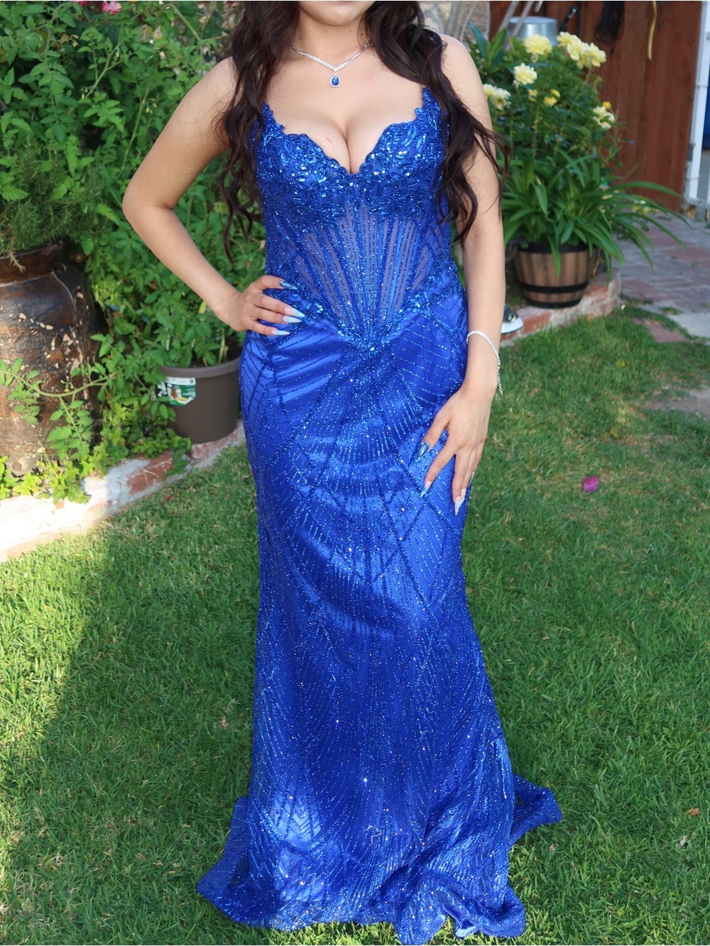 Blue Sequin Evening Gown with Sweetheart Neckline size 4